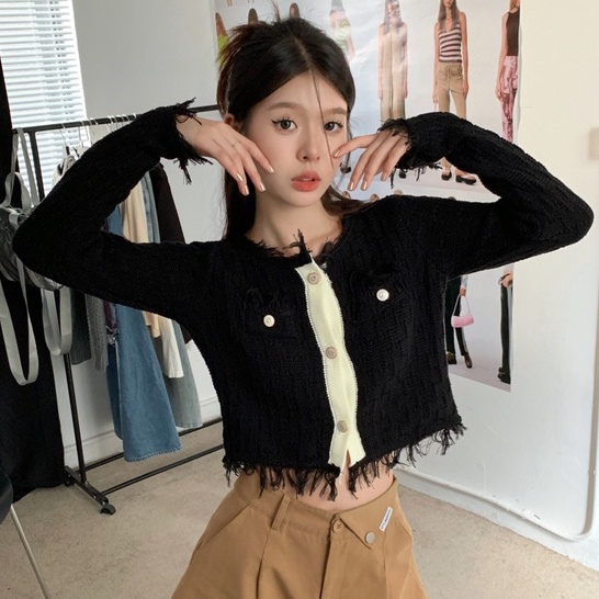 QKOOLE Áo khoác dệt kim tay dài cổ tròn phong cách Hàn Quốc cho nữ