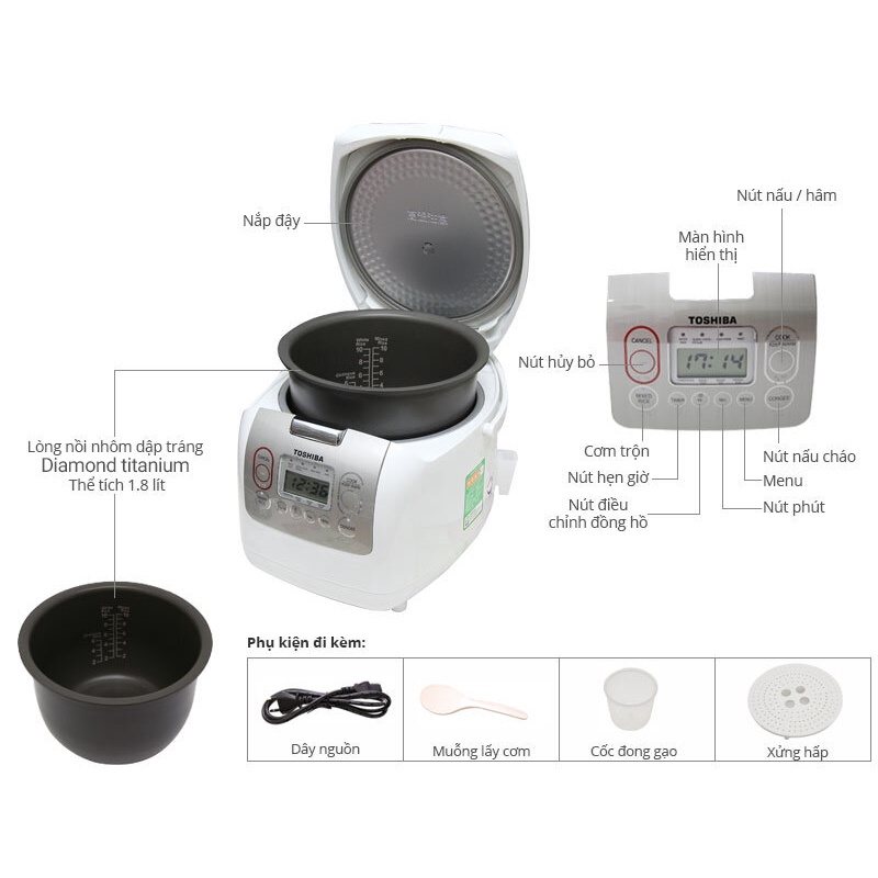 Nồi cơm điện tử Toshiba 1.8 lít RC-18NMFVN - Hàng Chính Hãng