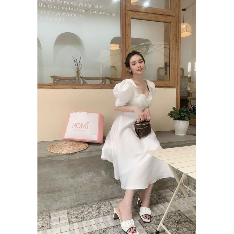 Đầm midi trắng nơ vai tay búp