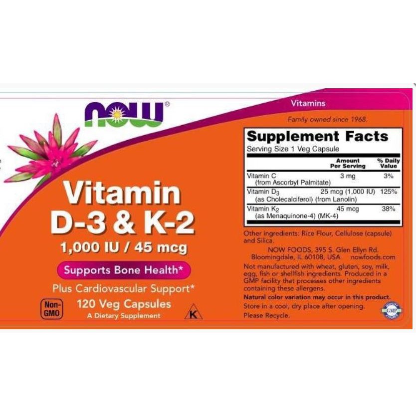 Viên uống Now Vitamin D3 + K2 1,000 IU / 45 mcg  ngăn ngừa loãng xương, giúp xương chắc khỏe, tăng hệ miễn dịch