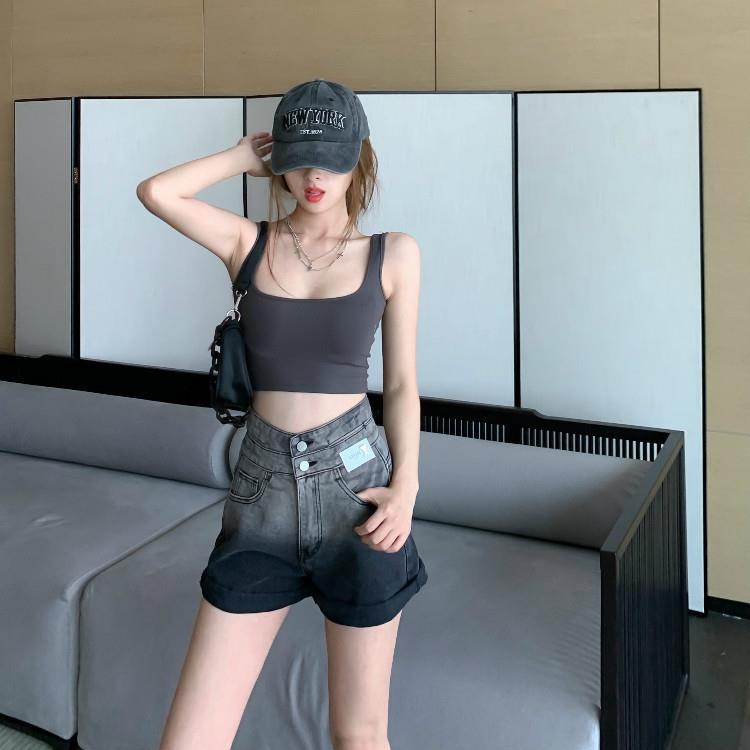 Jiashucheng Hàng Có Sẵn Quần Short Denim Ngắn Ống Rộng Hai Màu Xám Đen