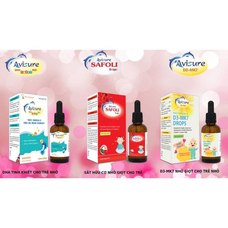 Bộ 3 siêu phẩm Avisure DHA SMART KID + SAFOLI DROPS+ D3-MK7 Drops giúp bé phát triển toàn diện về trí não và thể chất