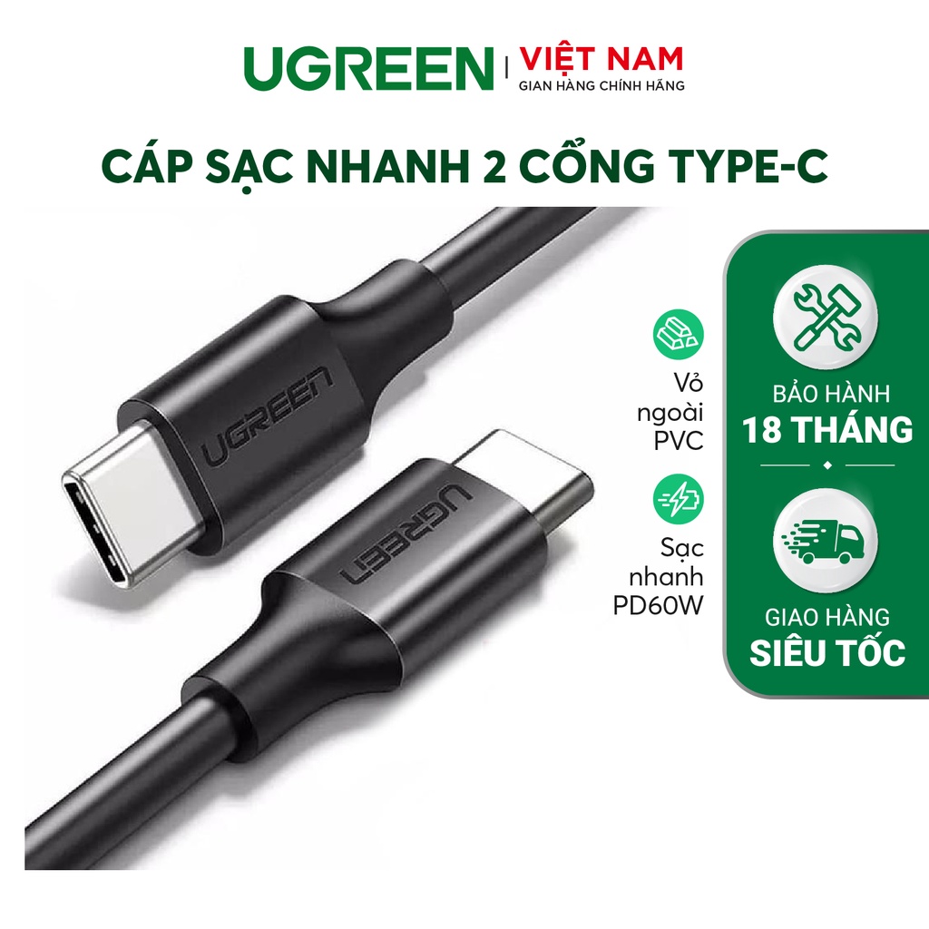 Cáp sạc USB C sang USB C Ugreen US286 Sạc nhanh 60W  | Tốc độ truyền 480Mbps | Bảo Hành 1 đổi 1 18 Tháng | 50996 50997