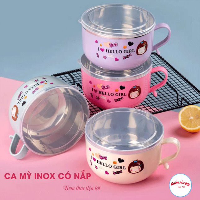 Ca mỳ lõi inox có nắp đậy KÈM THÌA cách nhiệt đa năng - Ca mỳ mini 2 lớp có quai đựng đồ ăn nhanh tiện lợi - 01486