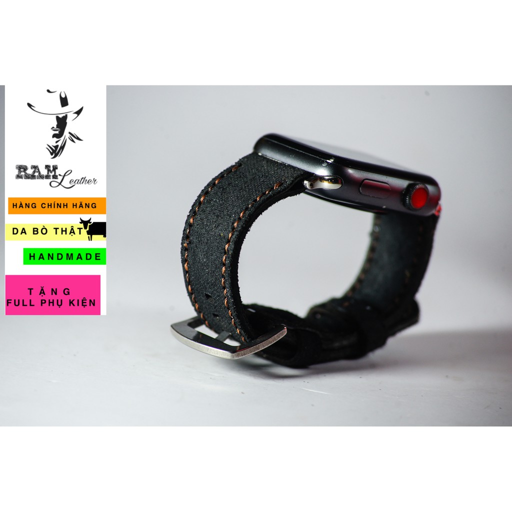 Dây đồng hồ Apple Watch , Iwatch , Iphone Watch Da Bò Thật Đen Tuyền RAM Leather Classic 1966  Bền Đẹp