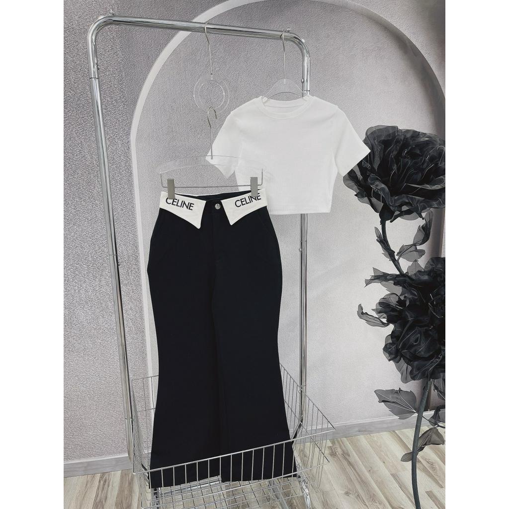 SET ÁO CROPTOP TRƠN + QUẦN SUÔNG VIỀN LẬT LƯNG THÊU CHỮ (TH)