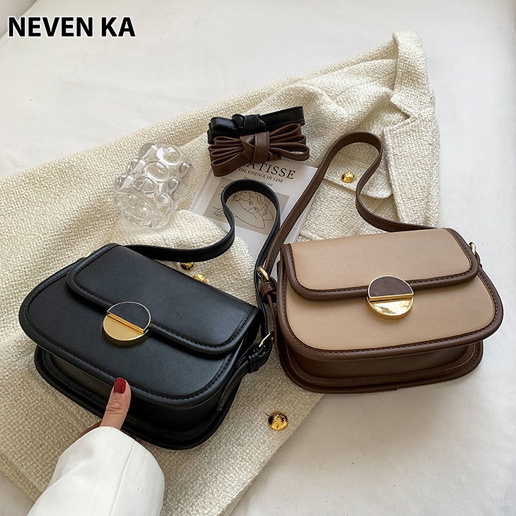 Túi Đeo Vai Đeo Chéo Phối Màu Nắp Khóa Xoay Nửa Vầng Trắng NEVENKA N0017