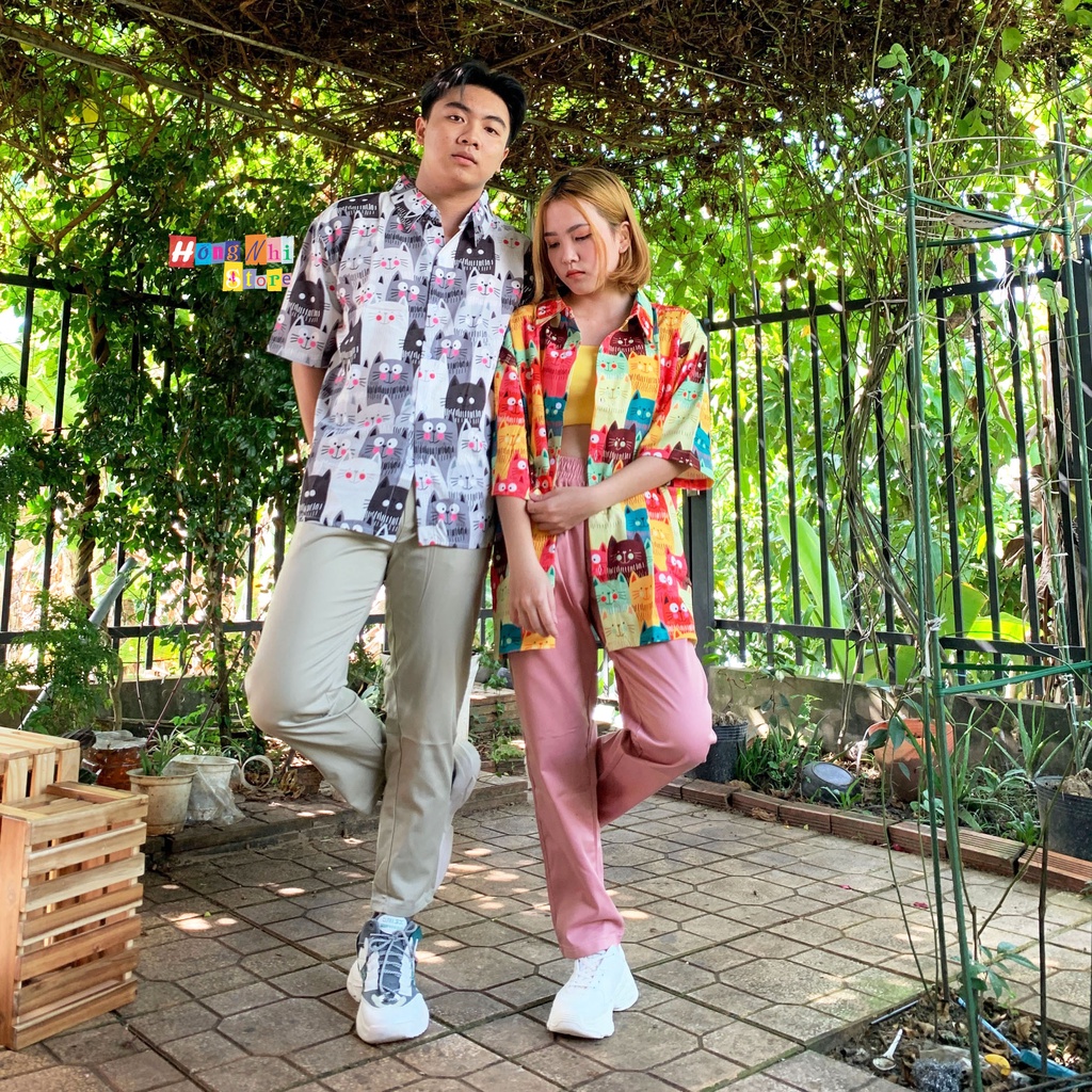 Áo Sơ Mi Họa Tiết Con Mèo May Mắn Tay Lỡ Dáng Rộng Ulzzang Unisex, Sơ Mi Đi Biển - MM