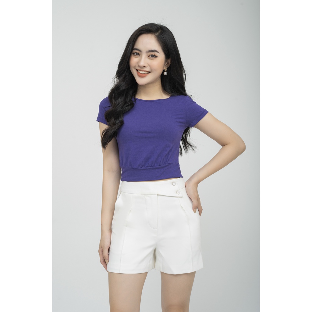 Áo cotton thun nữ croptop dáng bo gấu, cổ tròn, tay ngắn FIONA F522180