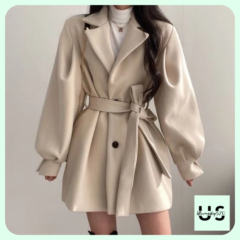 Áo dạ ép tay có đai hai màu kem be Ulzzangshop520
