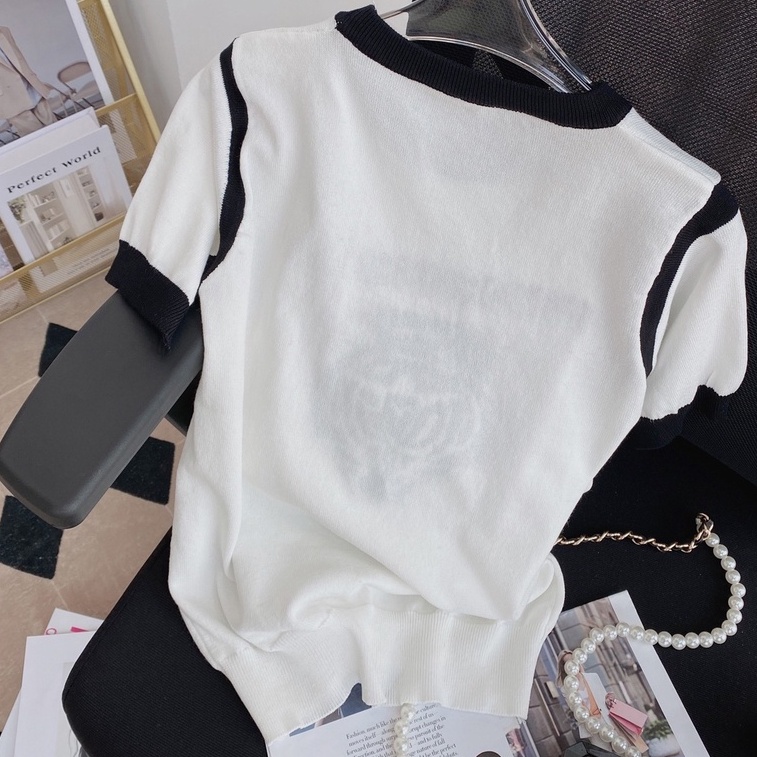 Áo thun ZHELIHANGFEI dệt kim ngắn tay cổ tròn thêu họa tiết xinh xắn