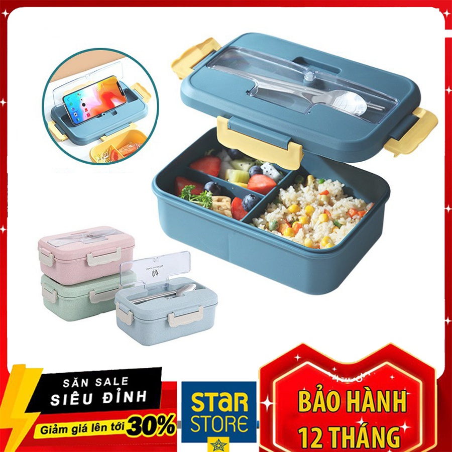 Hộp Đựng Cơm Giữ Nhiệt Văn Phòng 3 Ngăn Kèm Đũa Thìa Chất Liệu Nhựa Lúa Mạch Sử Dụng Lò Vi Sóng