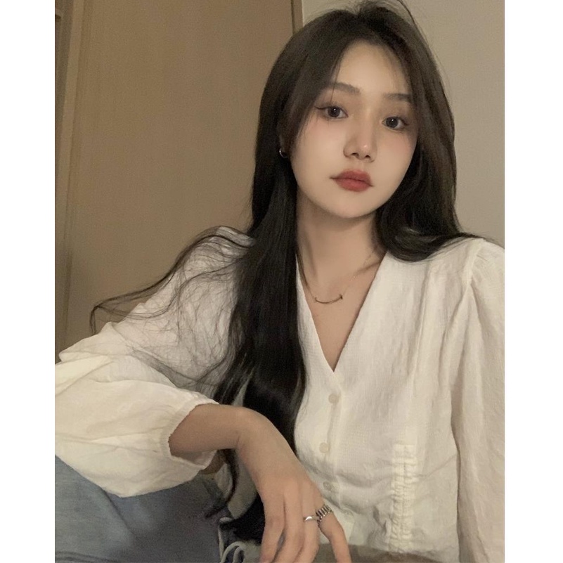 Áo Kiểu Tay Dài Cổ Chữ V Phối Dây Rút Phong Cách Chic Hàn Quốc 2022 Trẻ Trung