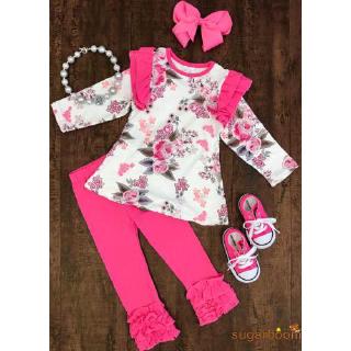 Sgm★Kids Girl Long Sleeve Floral Tops + Pink Pants + Headband Outfit Set