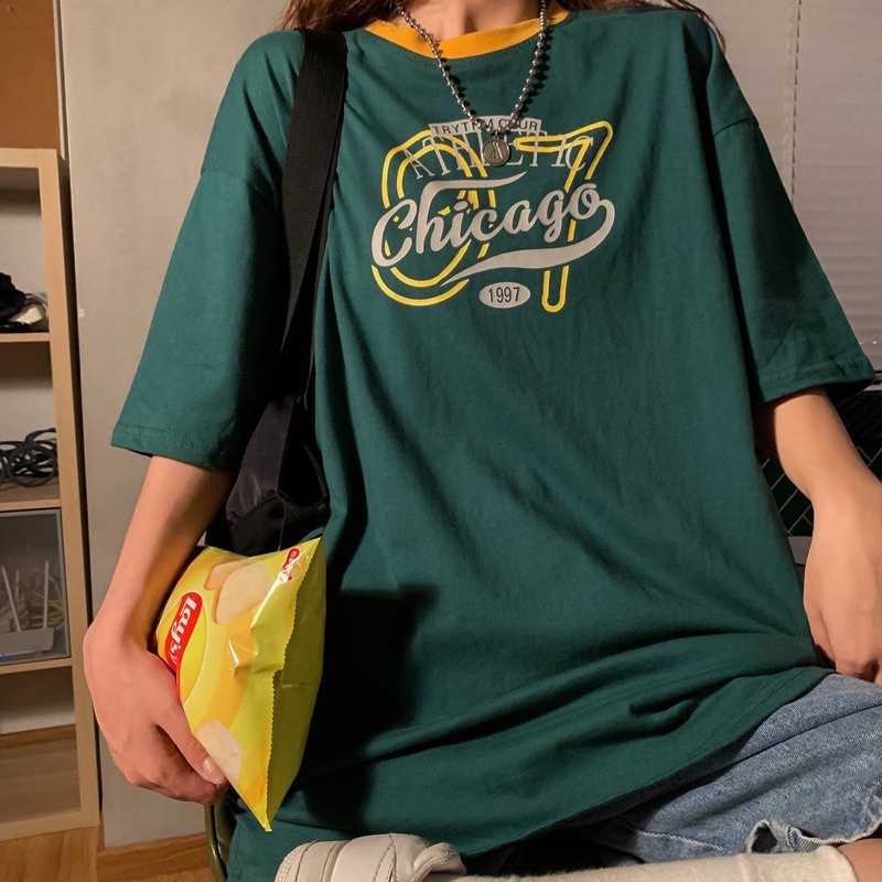 Áo thun phông cổ phối nam nữ PINK tay lỡ form rộng CHICAGO 97 Unisex