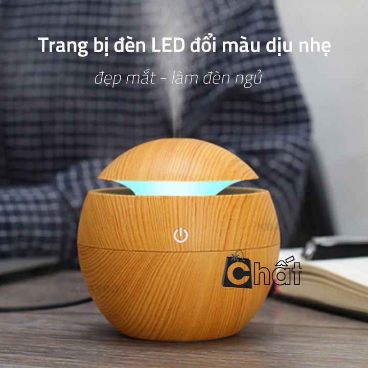 Máy xông tinh dầu vân gỗ có đèn led mẫu tròn