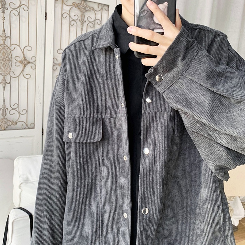 Áo Khoác Tay Dài Dáng Rộng Cài Khuy Vải Nhung Kẻ Màu Trơn Đơn Giản Thời Trang Hàn Quốc Cho Nam