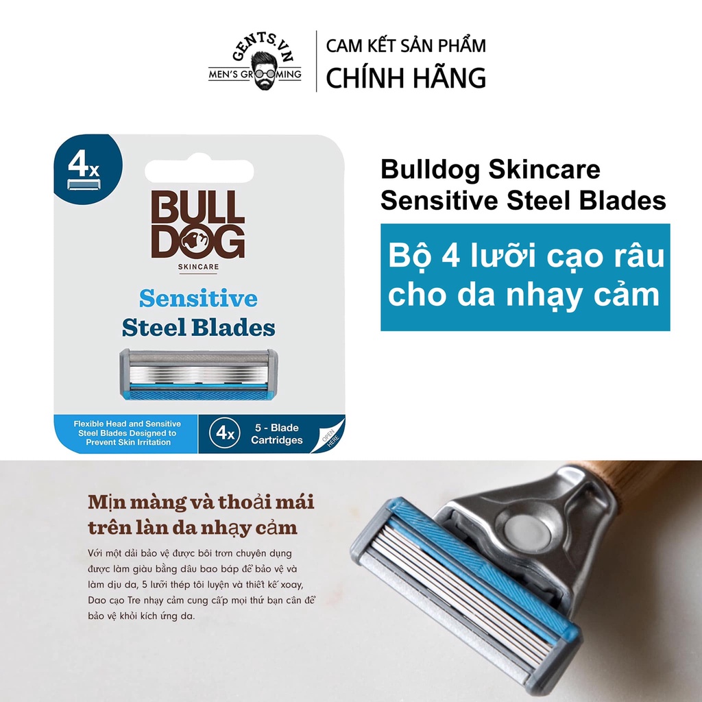 Hộp 4 lưỡi dao cạo râu cho da nhạy cảm Bulldog Skincare Sensitive Steel Blades