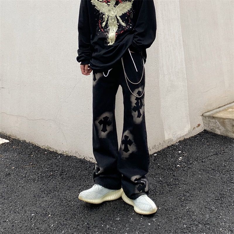 Quần Jeans Ống Rộng Màu Đen In Chữ Thập Phong Cách Hiphop Cho Nam Giới Có Size 3Xl