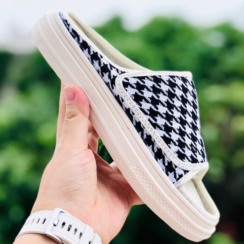 Giày vải unisex đạp gót ❤️FREESHIP + Hộp❤️  quai ngang thể thao nữ, sục hở mũi chất xịn, đế cao, Caro.đen trắng
