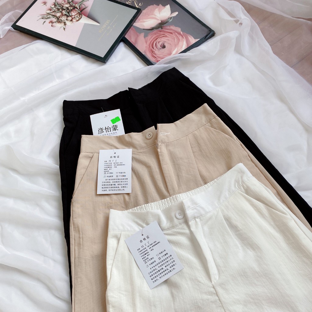 Quần culottes ống rộng chất vải đũi dáng dài lưng cao khóa thật cạp chun sau - Quần Đũi Ống Suông Rộng Lưng Thun Mặc Nhà