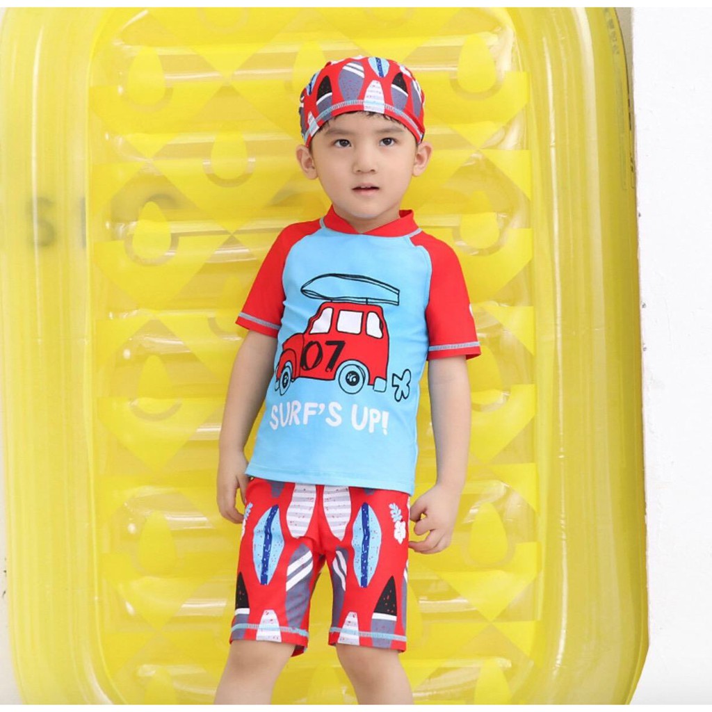 Bộ bơi bé trai rời hình xe màu xanh chống nắng gồm nón, cho bé từ 7-20 kg