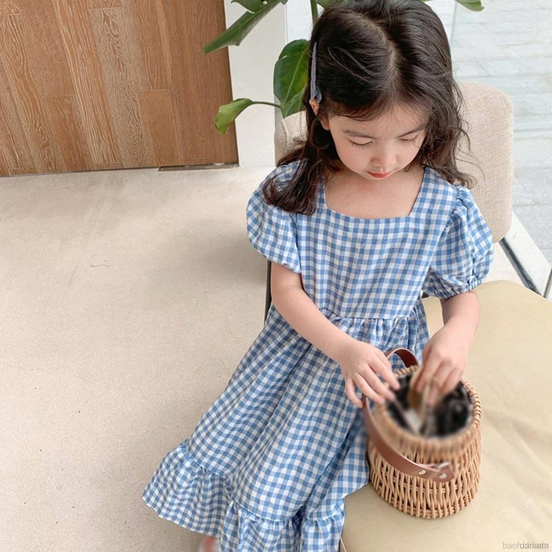 Đầm công chúa tay ngắn kẻ sọc caro xinh xắn cho bé gái