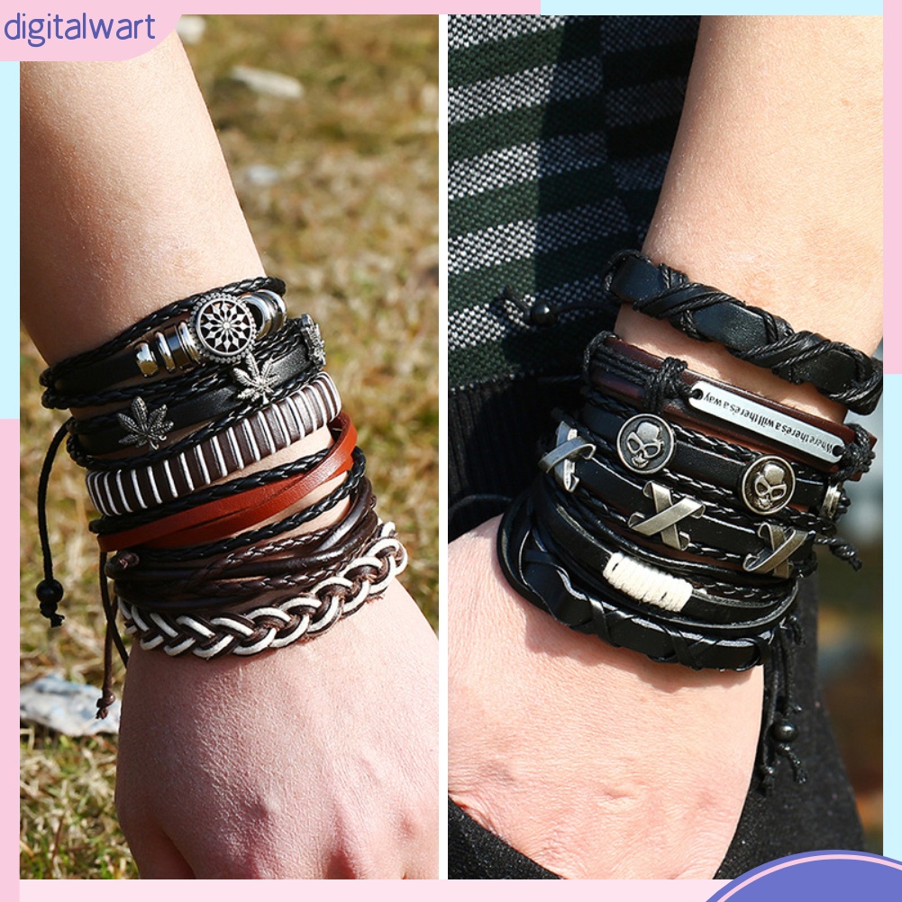 Set 6 vòng đeo tay da giả và dây bện phong cách retro thời trang dành cho nam