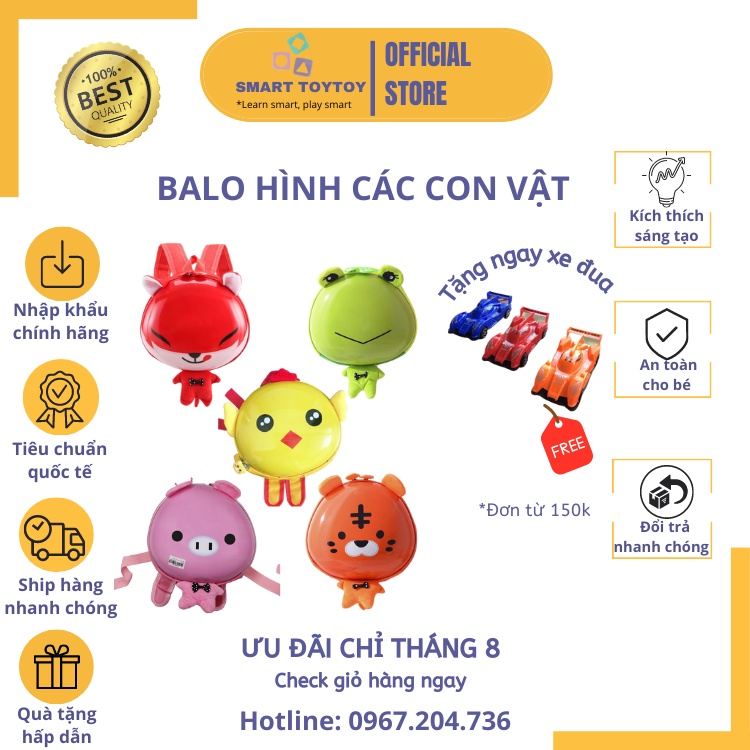Balo cho bé Mầm non mẫu giáo Smart Toy Toy hình các con vật cực đáng yêu, chống sốc, chống gù lưng (Hàng cao cấp)