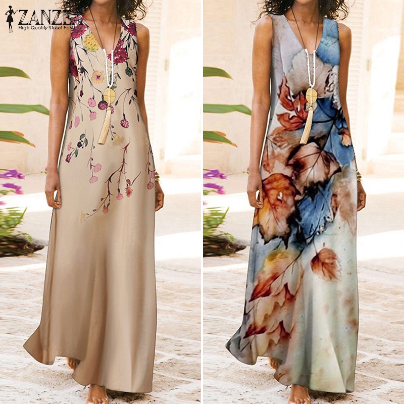 Đầm không tay ZANZEA cổ chữ V họa tiết hoa thời trang quyến rũ