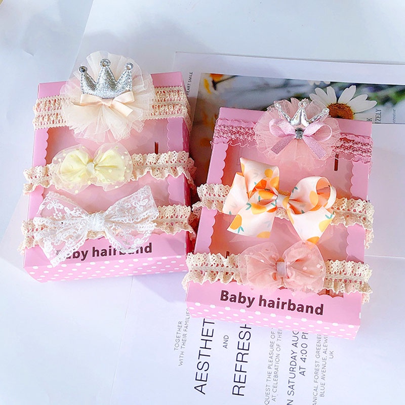Set 3 băng đô em bé sơ sinh dây ren co giãn ngọt ngào thắt nơ hoa vải chiffon mềm công chúa