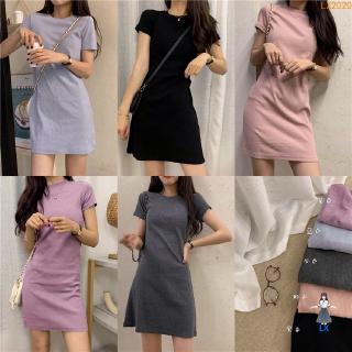 <Ready> Đầm Body Tay Ngắn Màu Trơn Hợp Thời Trang