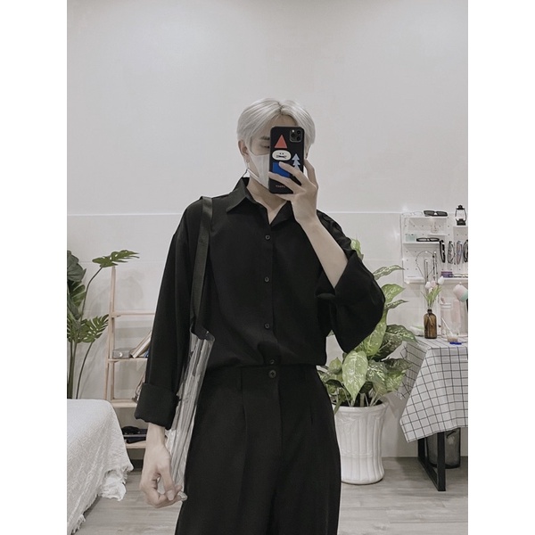 ÁO SƠMI FORM RỘNG TRẮNG ĐEN UNISEX NAM NỮ (hình chụp thật)