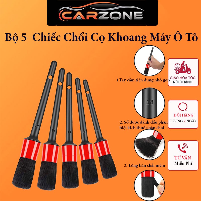 Chổi Cọ Vệ Sinh Xe Ô Tô Đa Năng - Bộ 5 Chổi Cọ Rửa Khoang Máy, Mân Xe, Nội Thất CARZONE.TOP