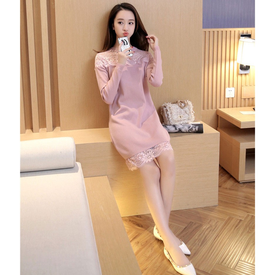 Đầm Bầu Len Phối Zen - Hồng
