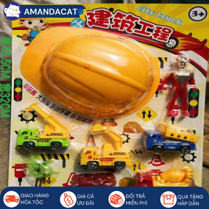 [Hàng sẵn mới về] Vỉ đồ chơi Kĩ sư sửa chữa kèm nón bảo hộ và xe cẩu - Vỉ đồ chơi xe công trình kèm Siêu nhân