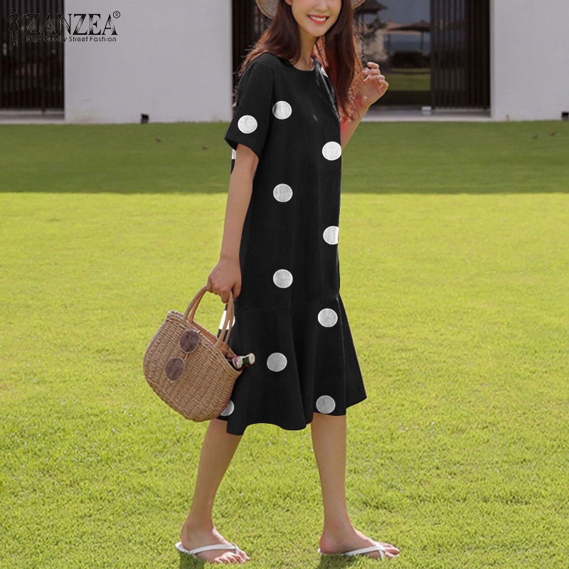 Đầm Zanzea kiểu chữ A tay ngắn viền bèo họa tiết chấm bi thời trang cho nữ