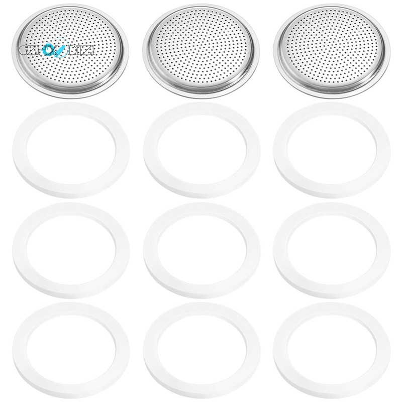 9 Pieces Silicone Gaskets and 3 Piece Stainless Filter Gasket Stainless Steel Gasket Replacement for 6 Cup Moka Express