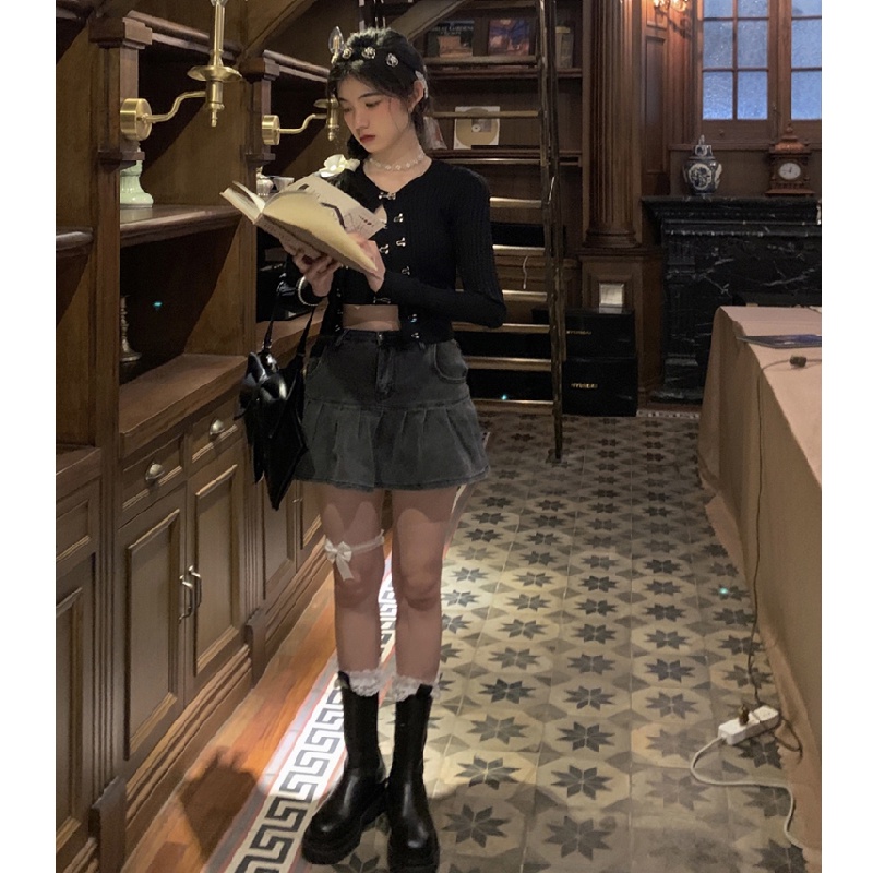 Xiaozhainv Chân váy jean lưng cao phong cách Hàn Quốc thời trang cho nữ