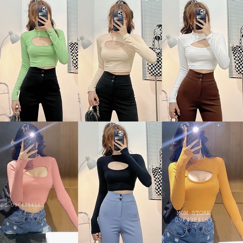 Áo croptop thun gân khoét ngực tay dài hh.vintage [ẢNH THẬT 100% ]