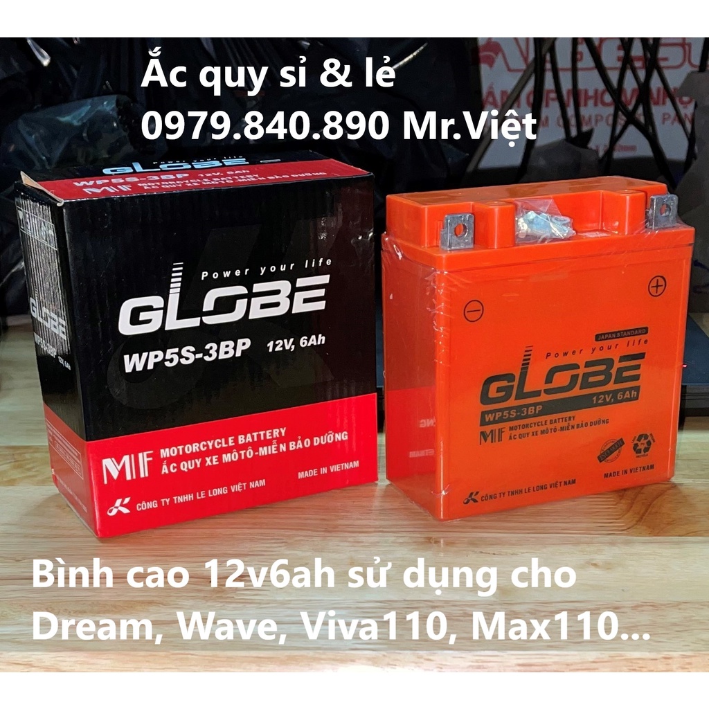 Bình Ắc Quy Khô Globe WP5S-3PB 12v6Ah - Kích thước (mm): 121 x 62 x 131 ( Dài x Rộng x Cao )