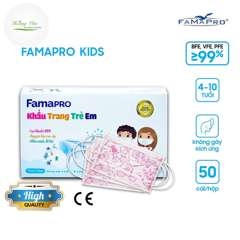 Khẩu trang trẻ em kháng khuẩn FAMAPRO - Hộp 50 cái