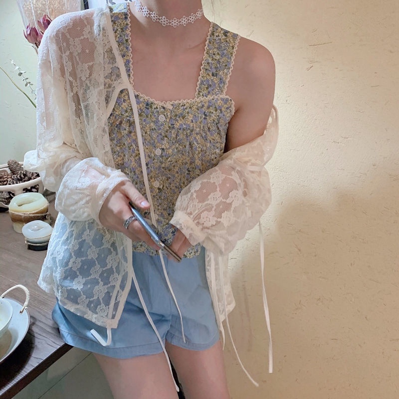 Set áo khoác ren dài tay + áo hai dây hoa phong cách Hàn Quốc xinh xắn cho nữ (có bán lẻ)