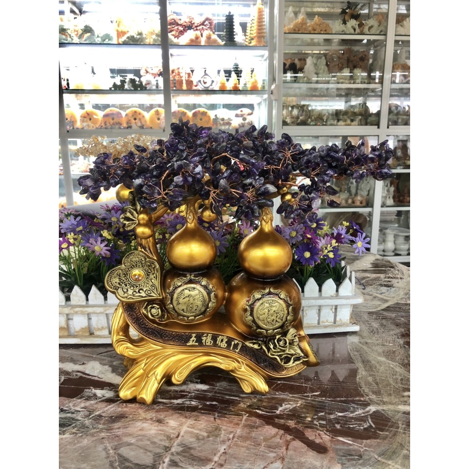 Cây tài lộc bầu hồ lô phong thủy đá TA. tím trang trí bàn thờ thần tài, bàn làm việc - Cao 34 cm