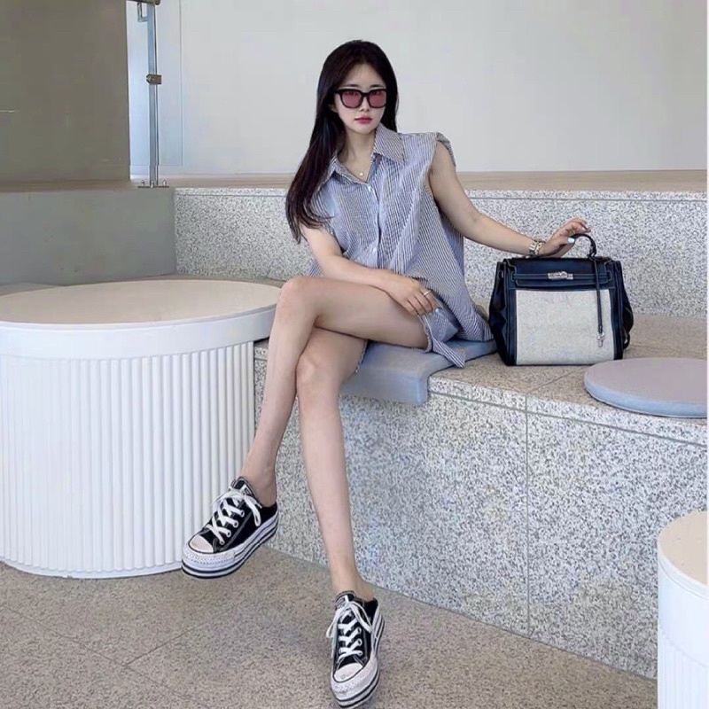 : Áo sơ mi Za.ra sọc xanh tay vát túi trước