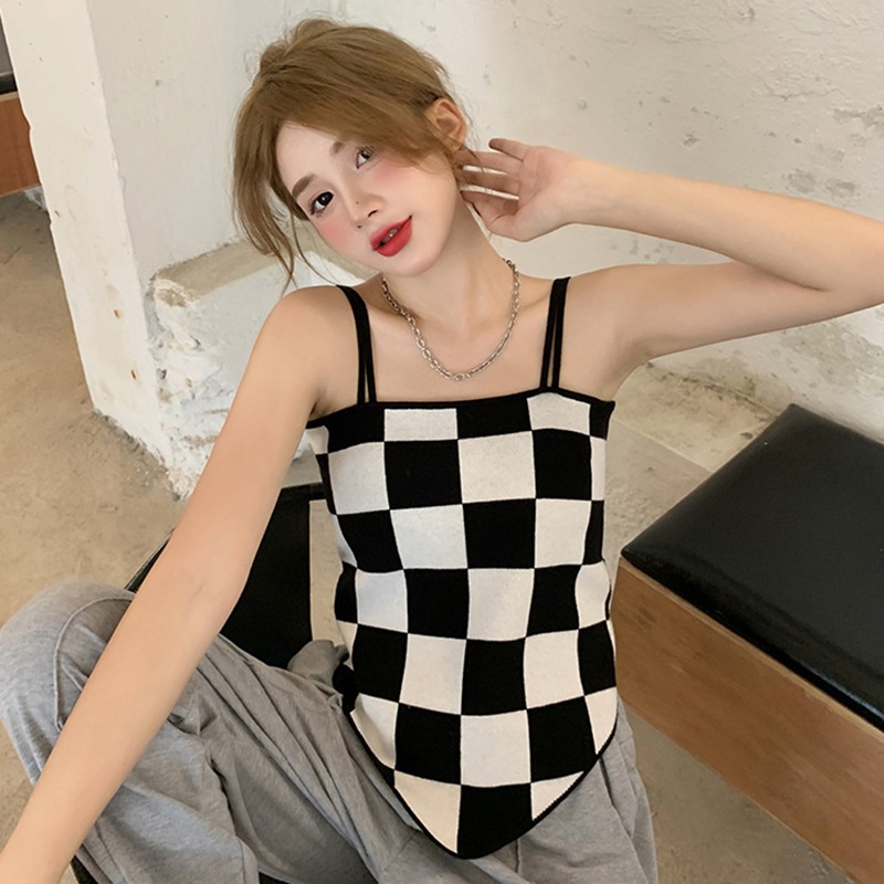 Áo hai dây dệt kim họa tiết sọc caro thiết kế độc đáo thời trang quyến rũ cho nữ