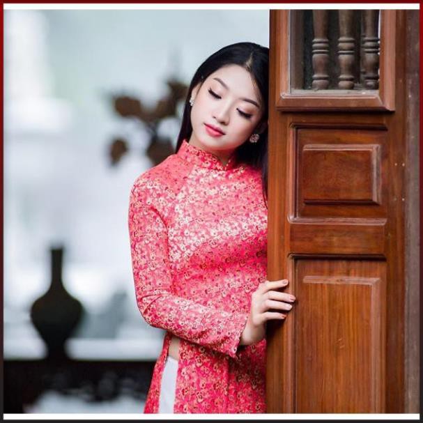 Áo dài truyền thống gấm phước thịnh may sẵn, nhận cắt áo dài ADG2TT-Hồng