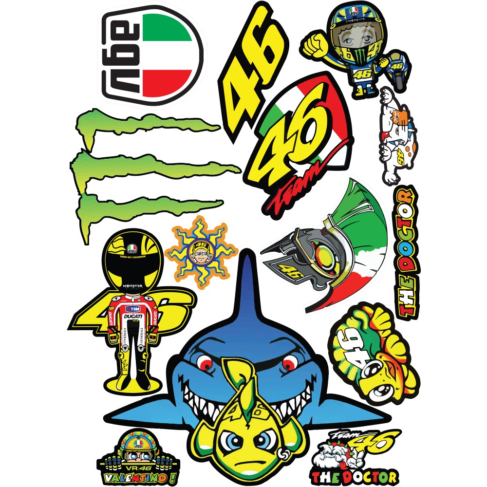 Tem 46 Rossi Agv Monster Tem Cá Mập Dán Xe Máy Mũ Bảo Hiểm - Khổ A4