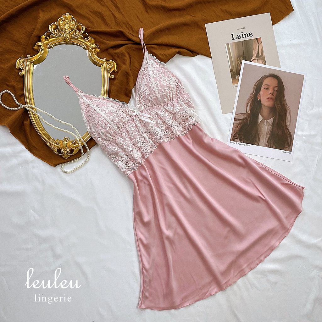 BỘ NGỦ VÁY HAI DÂY CHẤT LIỆU LỤA HOẠ TIẾT REN LEULEU.LINGERIE