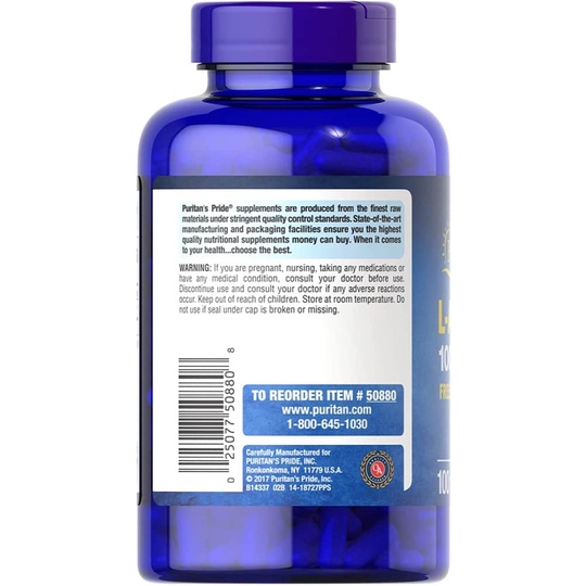 Viên uống bổ sung L-Arginine hỗ trợ tim mạch Puritan’s Pride L-Arginine 1000mg 100 viên